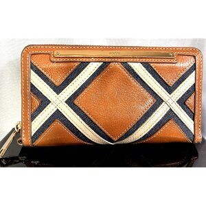 Fossil Lisa Zip Around Clutch Wallet Brown Leather Navy Cream Patchwork Design